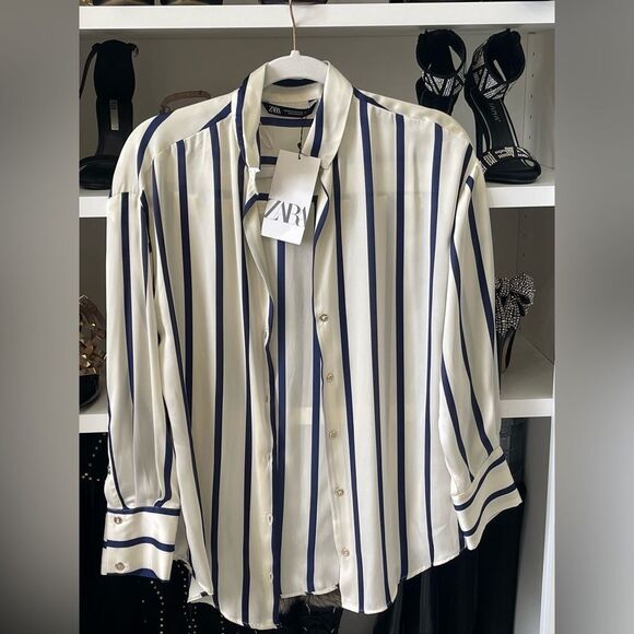 NWT Satin Effect Shirt ~ Navy Blue and Ivory Striped - Picture 14 of 14
